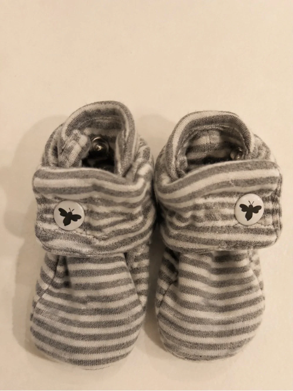Gray Striped Baby Booties with Butterfly Button - Kids Shoes